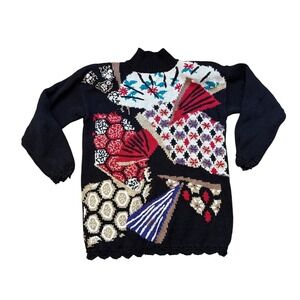 Casual Corner Sweater Women Black Vintage Graphic Fan Intarsia Knit SIZE M